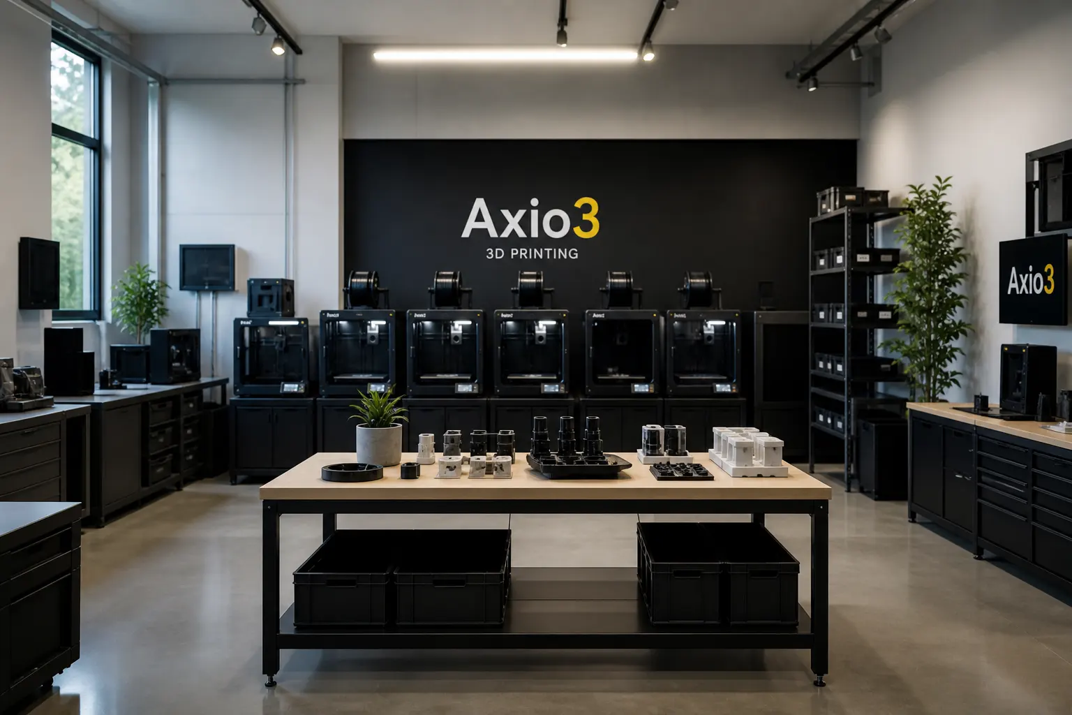 Moderner 3D-Druck-raum von Axio3 mit mehreren professionellen 3D-Druckern an einer schwarzen Wand, zentralem Arbeitstisch mit gedruckten Bauteilen und minimalistischer Industrieeinrichtung.